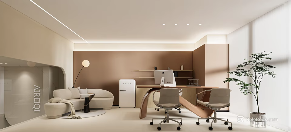 Modern Office Interior With Open Layout Desk Computer Sofa Bookshelf And Floor Lamp Green Plant 3d model 
