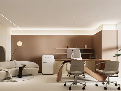 Modern Office Interior With Open Layout Desk Computer Sofa Bookshelf And Floor Lamp Green Plant 3d model