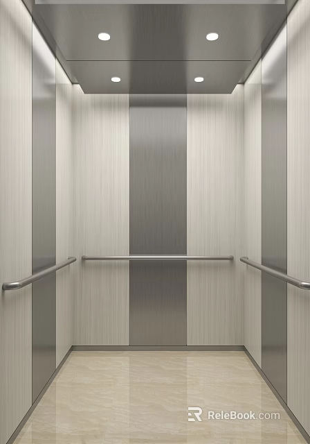 Elevator Interior With Light Wood Grain Panels Silver Metal Strips And Metal Handrails 3d model 