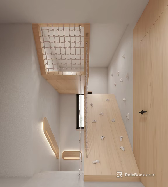 Wooden Climbing Wall And Net Structure In Kids Activity Interior Design 3d model 