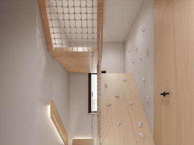 Wooden Climbing Wall And Net Structure In Kids Activity Interior Design 3d model