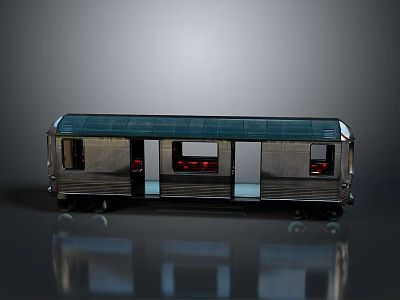 Silver Train Model with Blue Roof Red Lights in Windows and Reflection on Gray Background 3d model