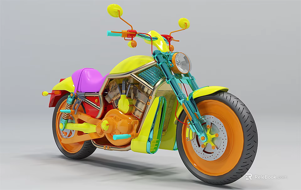 Vibrant Multi Colored Motorcycle Design With Pink Seat Yellow Frame Green Accents And Orange Wheels 3d model 