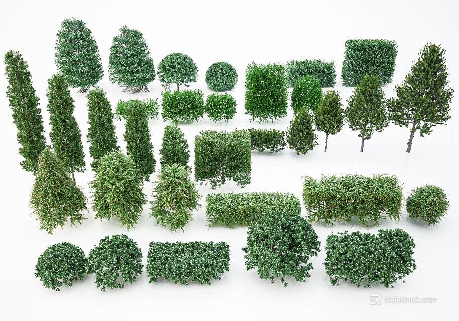 Green Shrubs Collection with Various Shapes and Sizes Arranged on White Background 3d model 