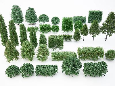 Green Shrubs Collection with Various Shapes and Sizes Arranged on White Background 3d model