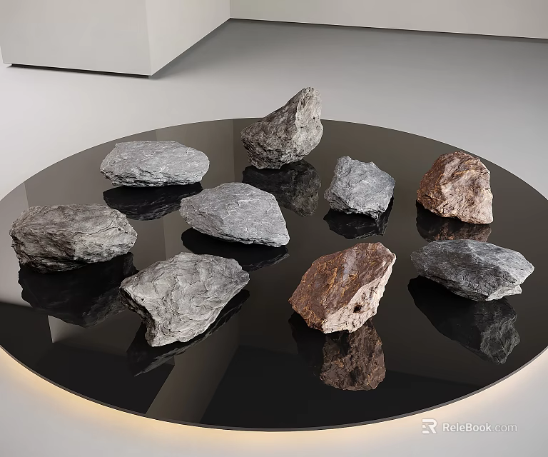 Natural Stones And Wood Pieces Arranged On Black Circular Reflective Platform 3d model 