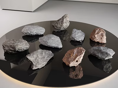 Natural Stones And Wood Pieces Arranged On Black Circular Reflective Platform 3d model