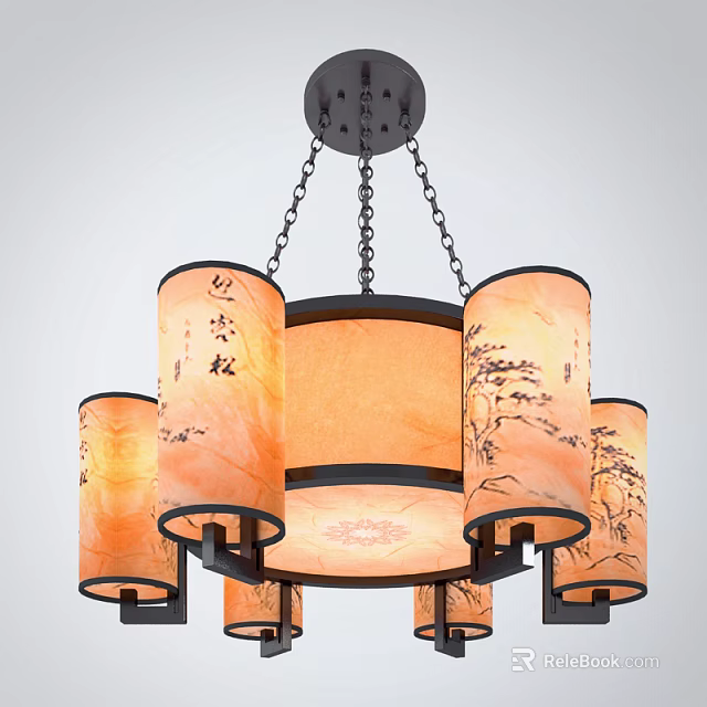 Oriental Style Chandelier With Ink Painting Pine Tree Fabric Shades And Warm Light 3d model 