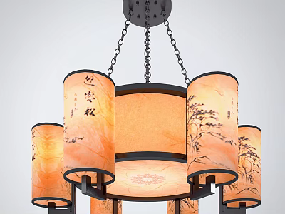 Oriental Style Chandelier With Ink Painting Pine Tree Fabric Shades And Warm Light 3d model