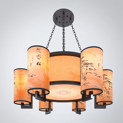 Oriental Style Chandelier With Ink Painting Pine Tree Fabric Shades And Warm Light 3d model