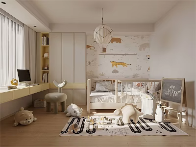 Kids Playroom Interior with Animal Wallpaper Crib Desk Stuffed Toys and Alphabet Rug 3d model