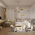 Kids Playroom Interior with Animal Wallpaper Crib Desk Stuffed Toys and Alphabet Rug
