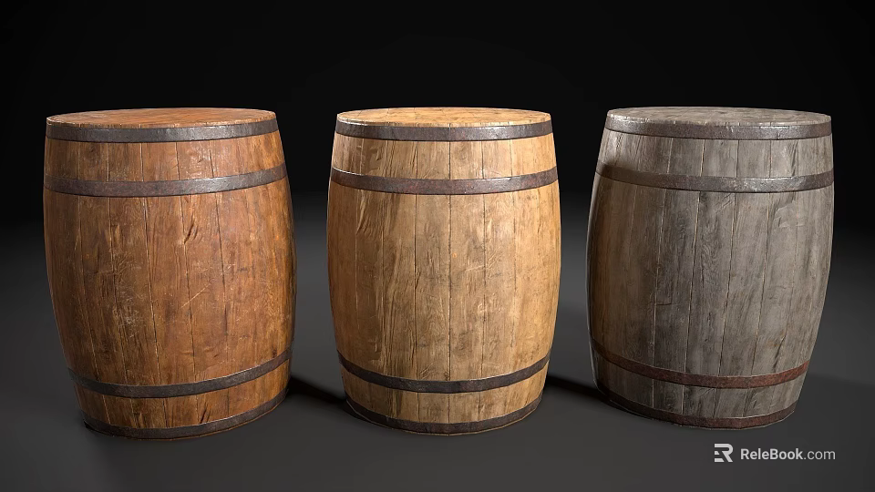 Wooden Barrels In Various Colors With Metal Hoops For Home Storage 3d model 