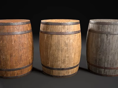 Wooden Barrels In Various Colors With Metal Hoops For Home Storage 3d model