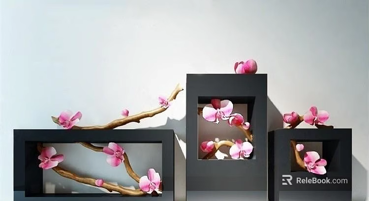 Elegant Home Wall Decor With Black Square Frames And Pink Flower Branches 3d model 