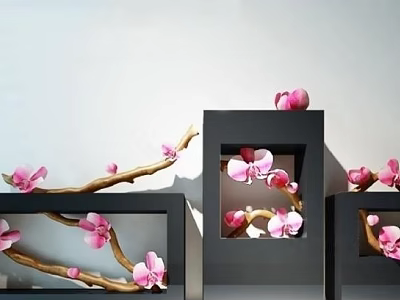 Elegant Home Wall Decor With Black Square Frames And Pink Flower Branches 3d model