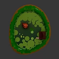 Natural Pond Scene With Green Lily Pads Red Frog And Small Wooden Cabin