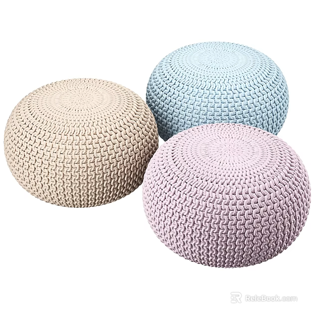 Soft Knitted Round Ottoman in Beige Light Blue and Pink for Living Room Decor 3d model 