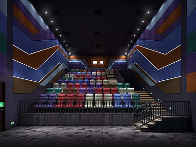 Modern Cinema Theater Interior With Colorful Seats And Geometric Wall Lighting Design 3d model