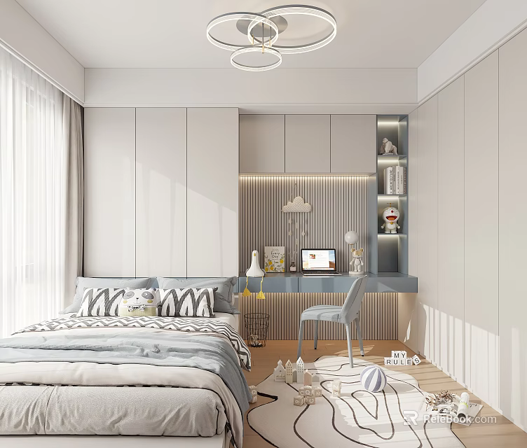 Bright Modern Kids Room Interior With Bed Desk Chair Shelf And Toys On Floor 3d model 