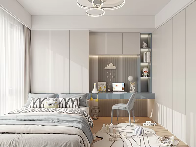 Bright Modern Kids Room Interior With Bed Desk Chair Shelf And Toys On Floor 3d model