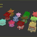 Traditional Chinese Pavilion Models With Various Colored Roofs And Architectural Details