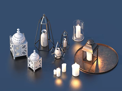 Decorative Lanterns And Candles In Different Styles With Metal Frame And Tray 3d model
