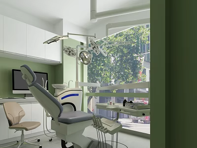 Modern Dental Clinic Interior With Dental Chair Surgical Lights And Cabinets 3d model