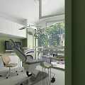 Modern Dental Clinic Interior With Dental Chair Surgical Lights And Cabinets