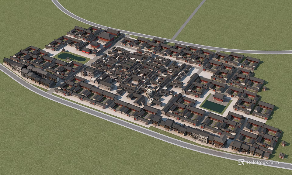 Ancient Architecture Village Aerial View With Neatly Arranged Traditional Buildings And Courtyards 3d model 