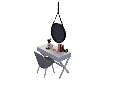 Modern Dressing Table With Hanging Round Mirror And Gray Chair For Cosmetics 3d model