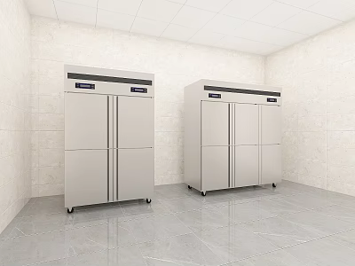 Stainless Steel Commercial Refrigerators Freezers in Clean Bright Modern Kitchen Space 3d model