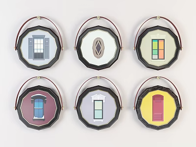 Colorful Decorative Door Design Ornaments With Circular Black Frames And Red Handles 3d model