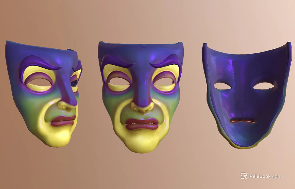 Vibrant Theatrical Masks With Expressive Faces And Colorful Hues 3d model 