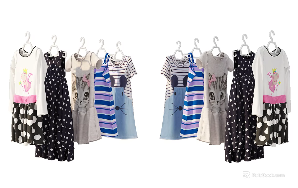 Cute Kids Clothes Hanging On Hangers With Cat Patterns Stripes And Polka Dots 3d model 