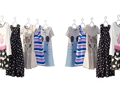 Cute Kids Clothes Hanging On Hangers With Cat Patterns Stripes And Polka Dots 3d model