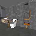 Modern Accessible Public Restroom With Gray Walls Yellow Grab Bars Toilet And Sink