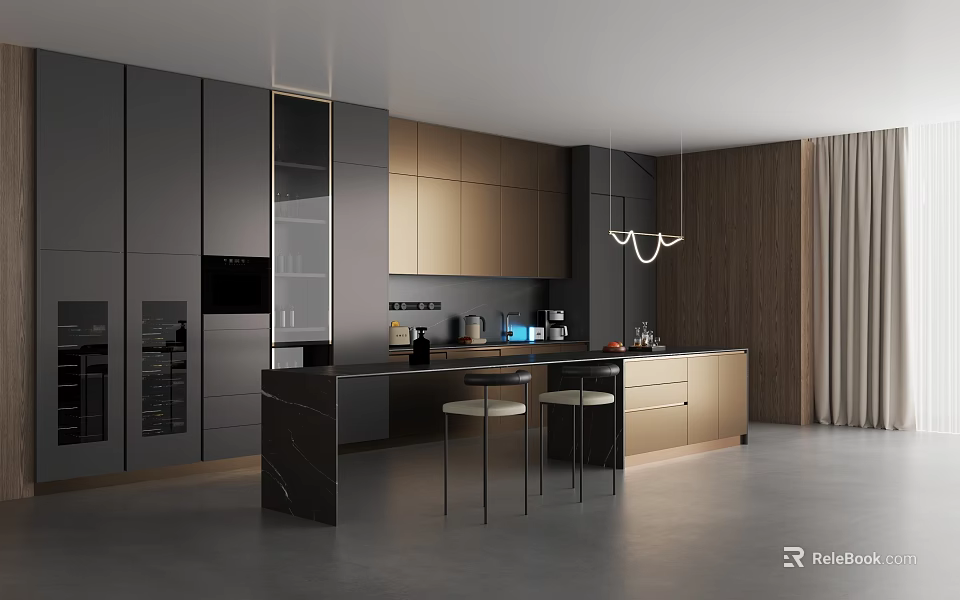 Modern Kitchen Interior With Gray Gold Cabinets Island Counter Pendant Lights And Appliances 3d model 