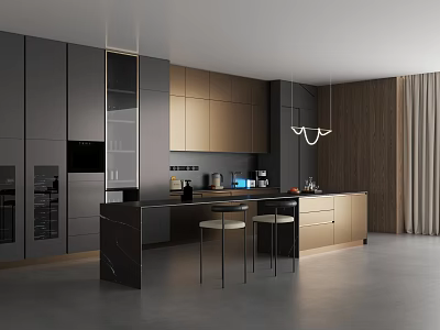 Modern Kitchen Interior With Gray Gold Cabinets Island Counter Pendant Lights And Appliances 3d model