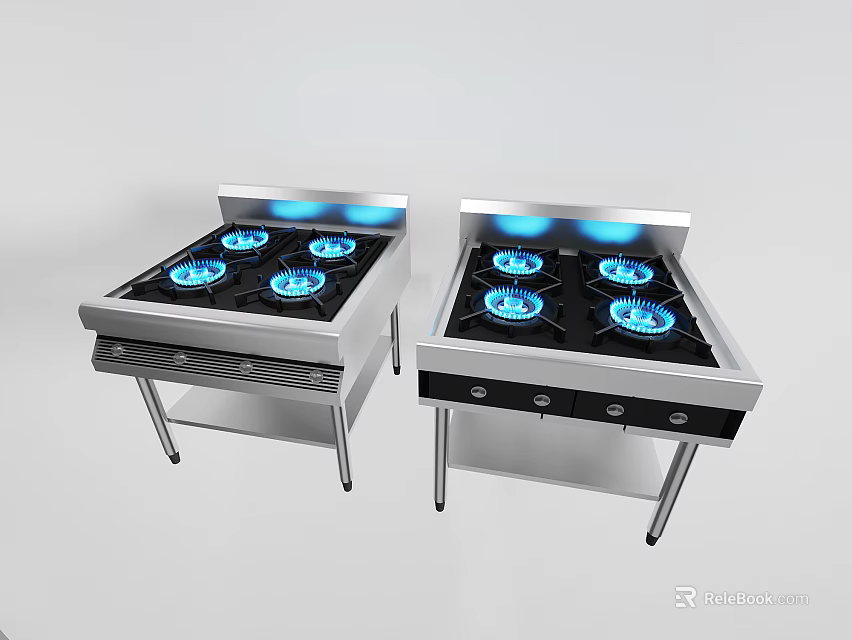 Two Stainless Steel Gas Stoves With Blue Flames As Kitchen Appliances 3d model 