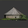 Whimsical Cartoon Scene With Stone Hut Dome Tile Roof Green Grass And Plants