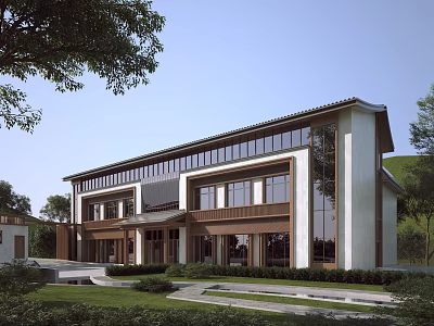 Traditional Modern Homestay Building With Sloped Roof Large Glass Windows Wooden Accents And Green Lawns 3d model