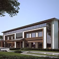 Traditional Modern Homestay Building With Sloped Roof Large Glass Windows Wooden Accents And Green Lawns