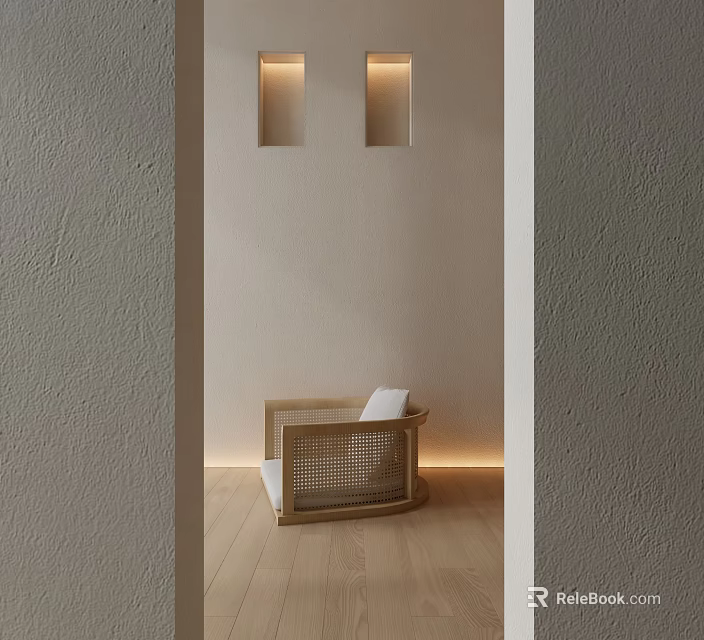 Rattan Stool with White Cushion on Wooden Floor by Gray Wall and Two Wall Lamps 3d model 