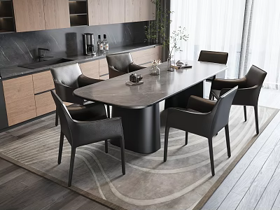 Modern Dining Table Set With Black Leather Chairs And Marble Top In Kitchen Interior 3d model