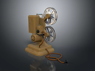 Vintage Movie Projector on Base with Wooden Body Metal Reels and Power Cord 3d model