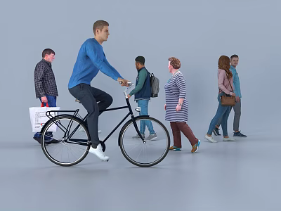 People Walking And One Cycling In Public Area With Shopping Bags And Backpacks 3d model
