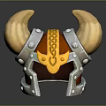 Fantasy Weapon Helmet Featuring Large Horns Metal Construction Gold Accents And Orange Lining