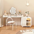 White Dressing Table with Gold Legs Mirror and Decorations Cosmetics Rabbit Doll Flowers Side Cabinet