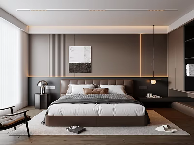 Modern Bedroom Interior Design With Neutral Tones Large Bed Headboard Art Pendant Lights And Rug 3d model